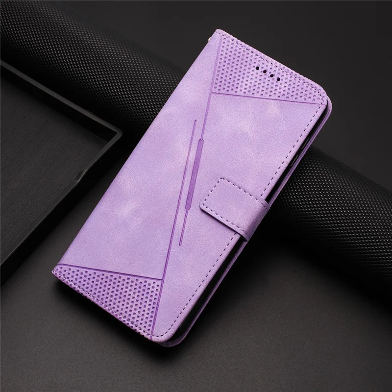 For Google Pixel 7a Leather Wallet Stand Cover Triangle Imprint Shockproof Cell Phone Case with Strap - Purple