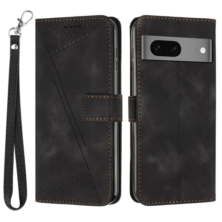 Per Google Pixel 7 5G Triangle Imprint Phone Case Full Protection Leather Stand Wallet Cover with Strap - Black