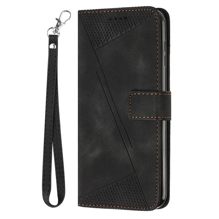 Per Google Pixel 7 5G Triangle Imprint Phone Case Full Protection Leather Stand Wallet Cover with Strap - Black