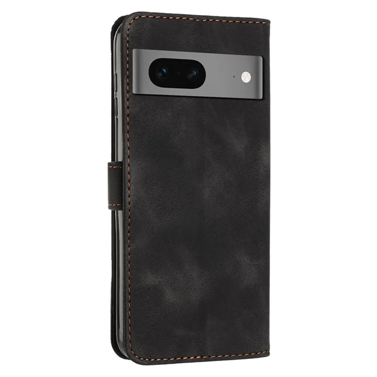 Per Google Pixel 7 5G Triangle Imprint Phone Case Full Protection Leather Stand Wallet Cover with Strap - Black