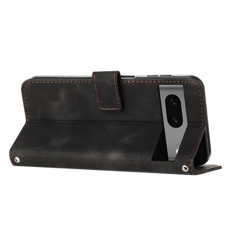 Per Google Pixel 7 5G Triangle Imprint Phone Case Full Protection Leather Stand Wallet Cover with Strap - Black