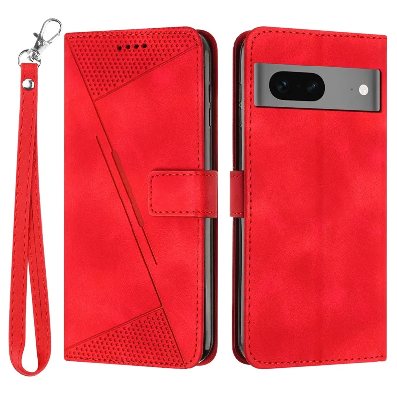 For Google Pixel 7 5G Triangle Imprint Phone Case Full Protection Leather Stand Wallet Cover with Strap - Red
