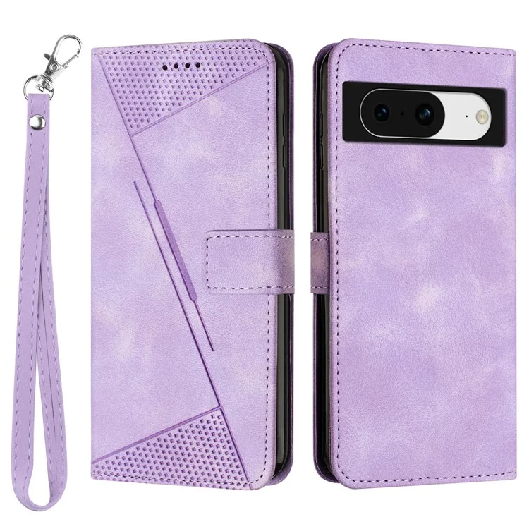 Per Google Pixel 8 Triangle Imprinted PU Leather Shell Flip Stand Wallet Phone Case with Strap - Viola