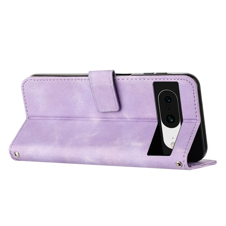 Per Google Pixel 8 Triangle Imprinted PU Leather Shell Flip Stand Wallet Phone Case with Strap - Viola