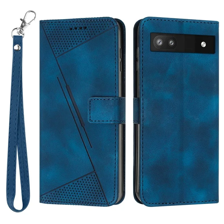 Per Google Pixel 6a Triangle Imprint Leather Anti-scratch Cover Wallet Stand Phone Case con Cinghia - Zaffiro