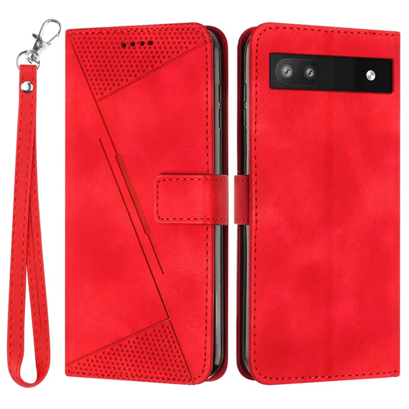Para Google Pixel 6a Triangle Imprint Leather Anti-scratch Cover Wallet Stand Phone Case com Alça - Vermelho