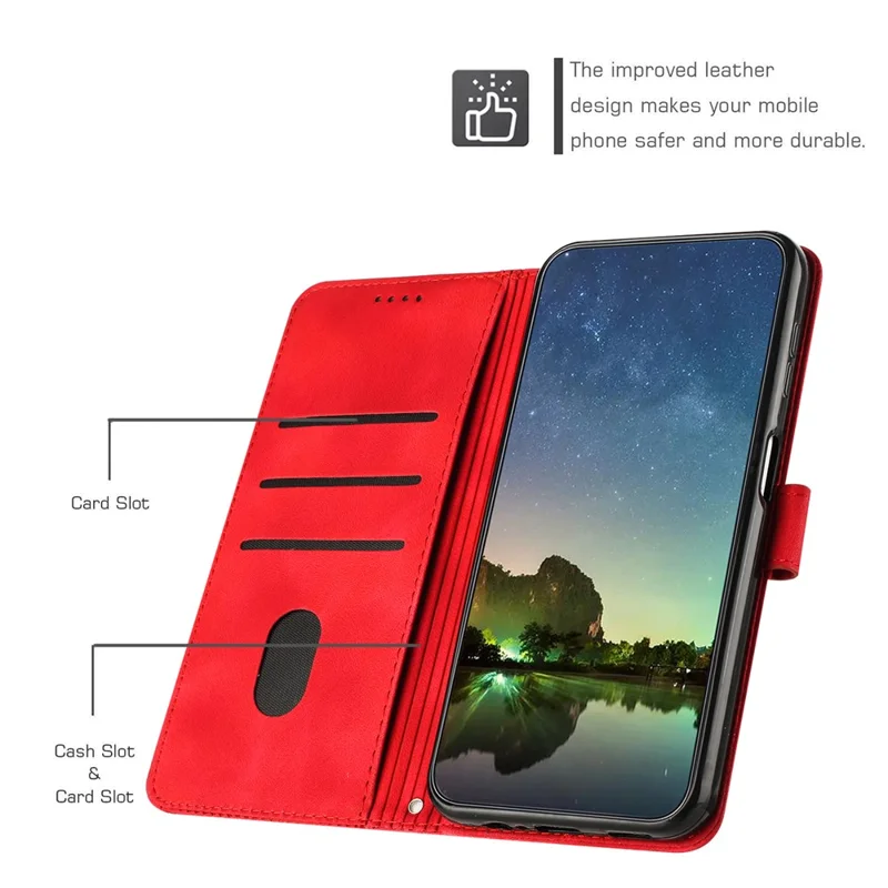Para Google Pixel 6a Triangle Imprint Leather Anti-scratch Cover Wallet Stand Phone Case com Alça - Vermelho