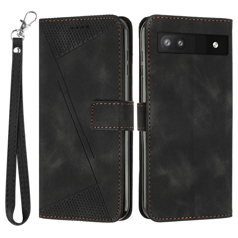 For Google Pixel 6a Triangle Imprint Leather Anti-scratch Cover Wallet Stand Phone Case with Strap - Black