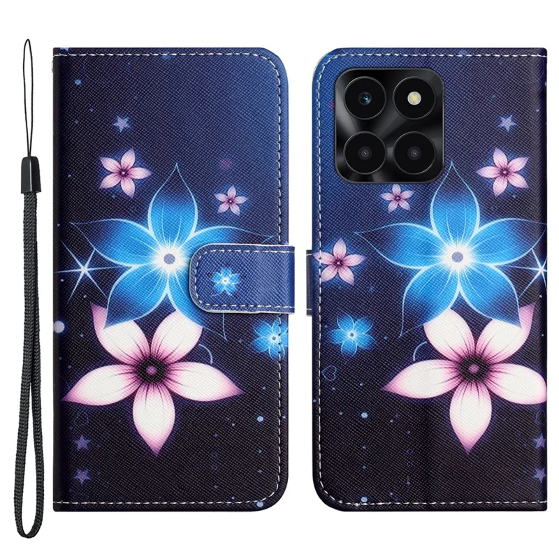 3D Pattern Printing Leather Phone Case for Honor X6a 4G / X6b 4G / X6c 4G Stand Wallet Flip Cover with Strap - Blue Flower