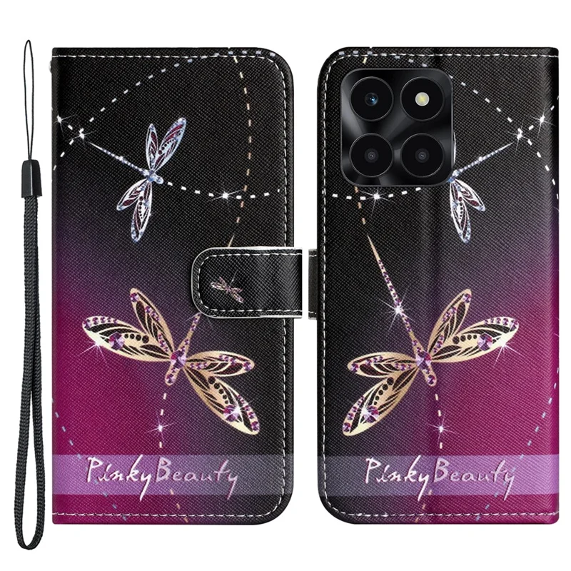 Funda de cuero con estampado de patrón 3D para Honor X6a 4G / X6b 4G / X6c 4G, tapa con soporte y cartera con correa - Libélulas