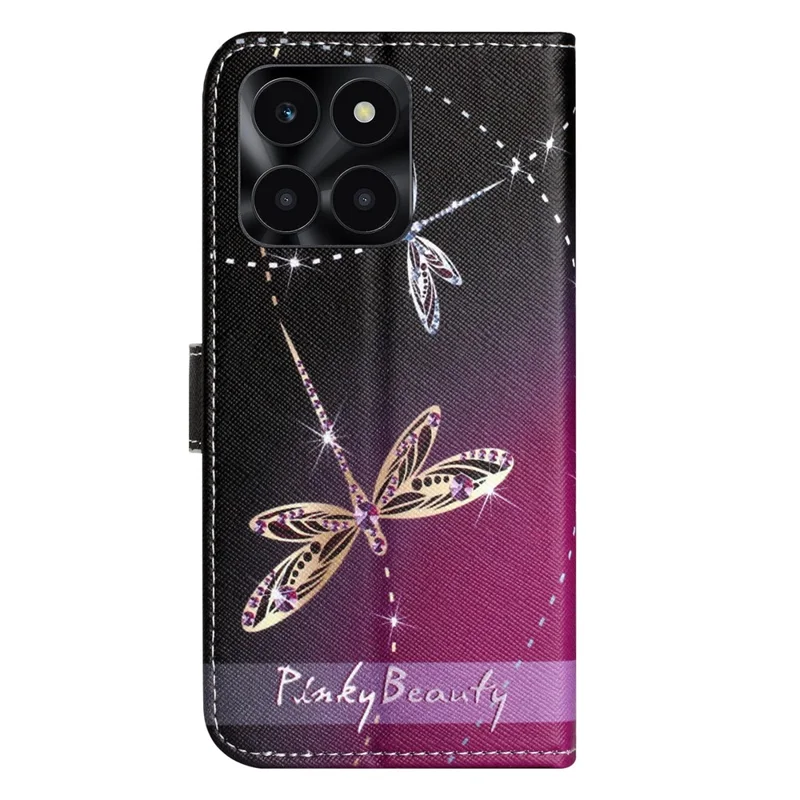 Funda de cuero con estampado de patrón 3D para Honor X6a 4G / X6b 4G / X6c 4G, tapa con soporte y cartera con correa - Libélulas