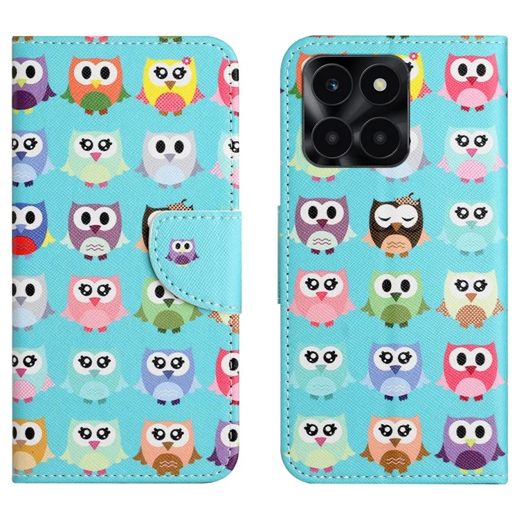Pour Honor X6a 4G Wallet Flip Cover PU Leather Stand Pattern Printing Cross Texture Phone Case - Owls