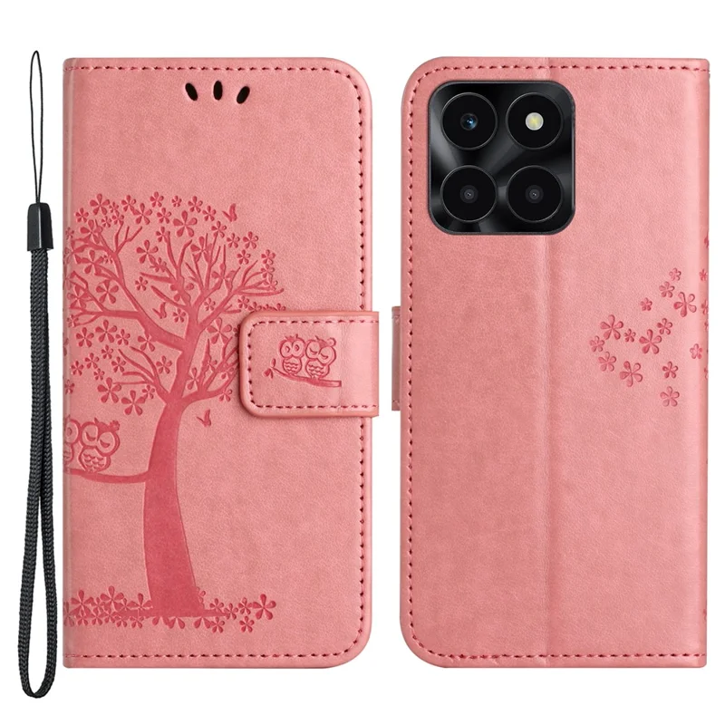 Per Honor X6a 4G / X6b 4G / X6c 4G Custodia Portafoglio in Pelle PU con Stampe di Gufo e Albero, Supporto, Protezione Integrale, Rosa