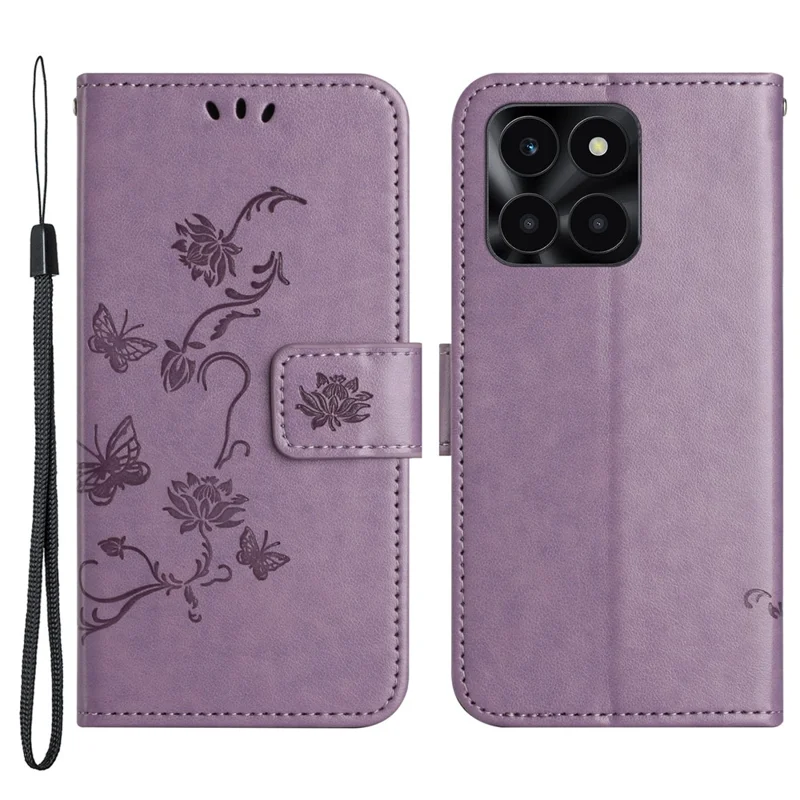 For Honor X6a 4G / X6b 4G / X6c 4G PU Leather Wallet Phone Case Butterfly Flower Imprinted Stand Cover - Purple