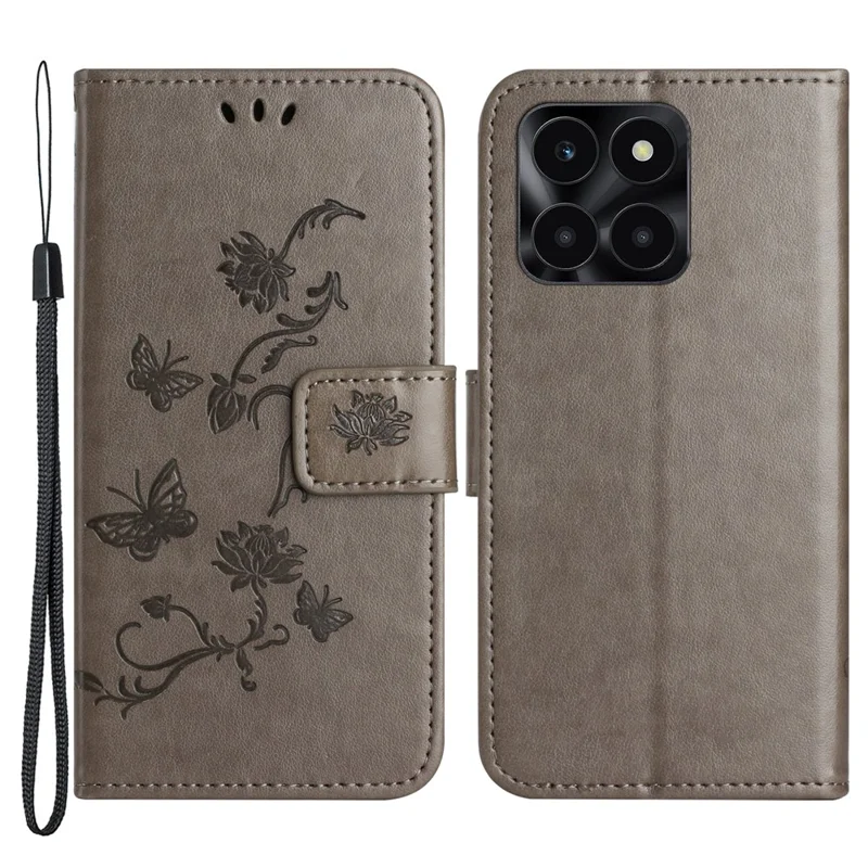 For Honor X6a 4G / X6b 4G / X6c 4G PU Leather Wallet Phone Case Butterfly Flower Imprinted Stand Cover - Grey