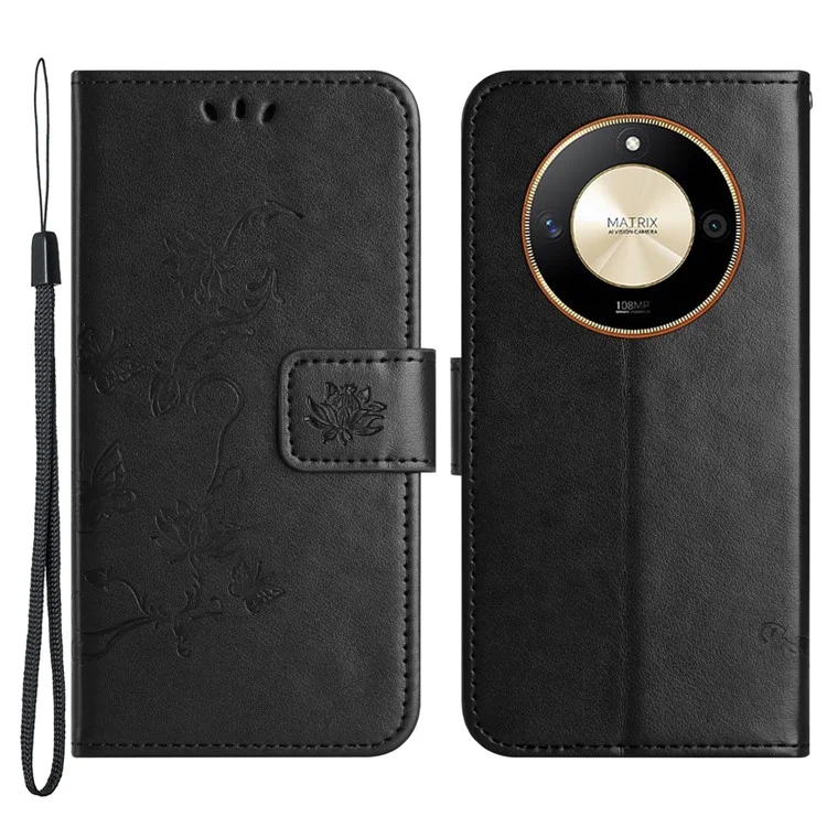 For Honor X50 Butterfly Flower Imprinted Drop-proof Phone Case PU Leather Wallet Stand Cover - Black