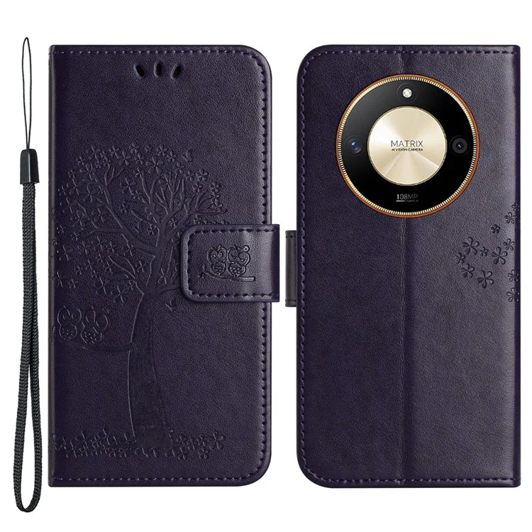 For Honor X50 Owl Tree Imprinted Phone Case PU Leather Wallet Stand Drop-proof Cover - Dark Purple