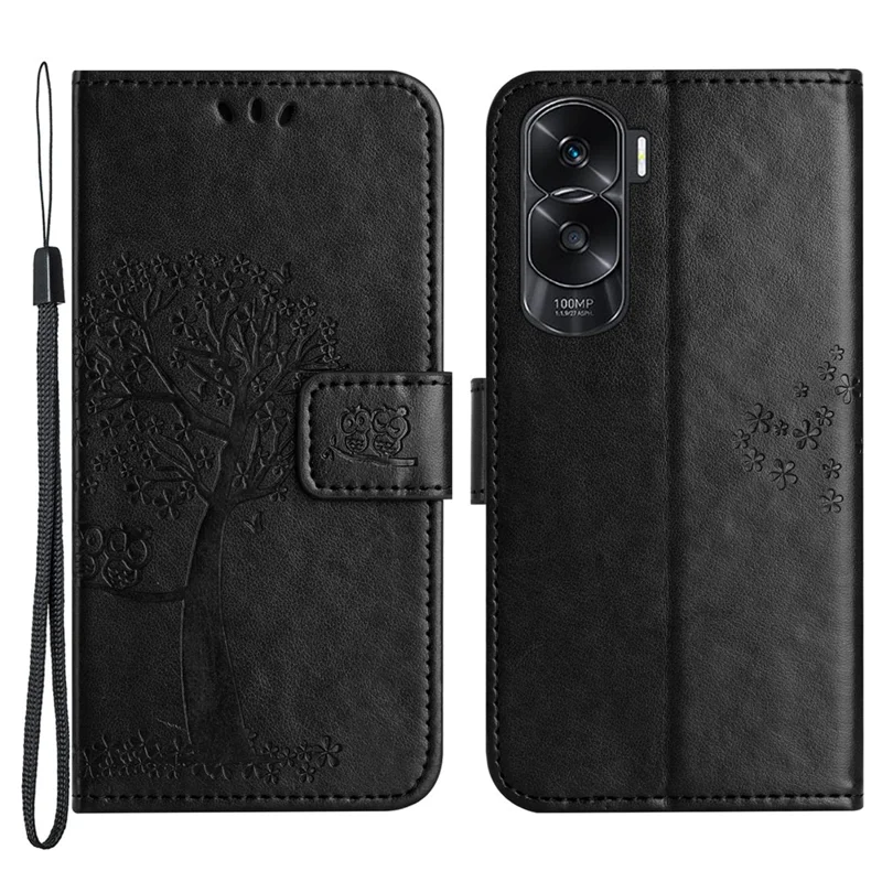 For Honor 90 Lite 5G / X50i 5G Leather Flip Stand Cover Owl Tree Imprinted Wallet Phone Case - Black