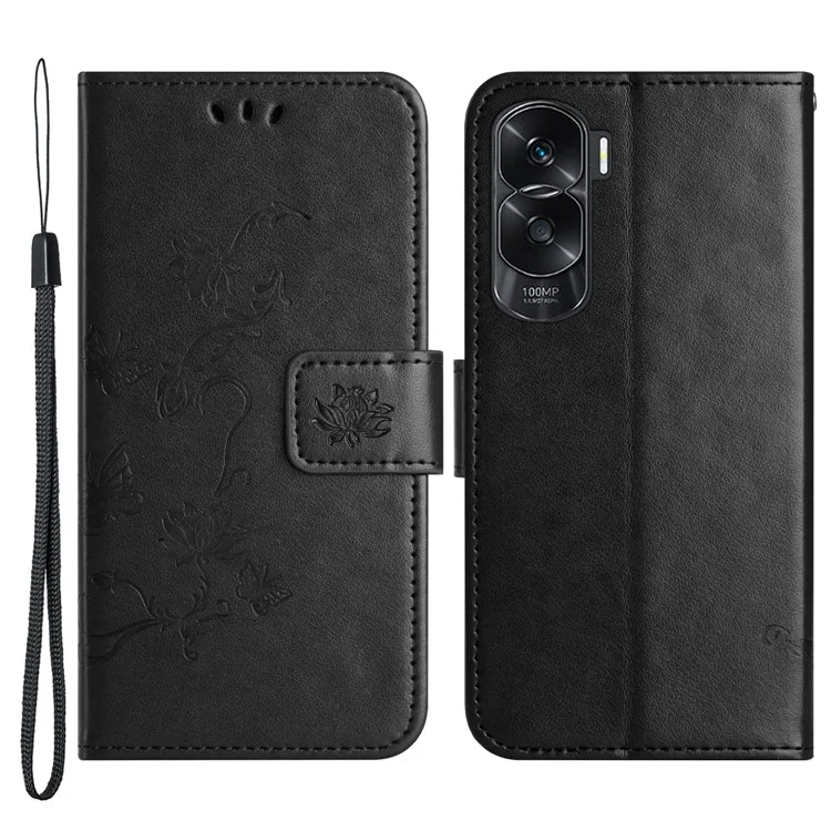 Per Honor 90 Lite 5G / X50i 5G Butterfly Flower Imprinted Leather Phone Case Flip Stand Wallet Cover - Nero