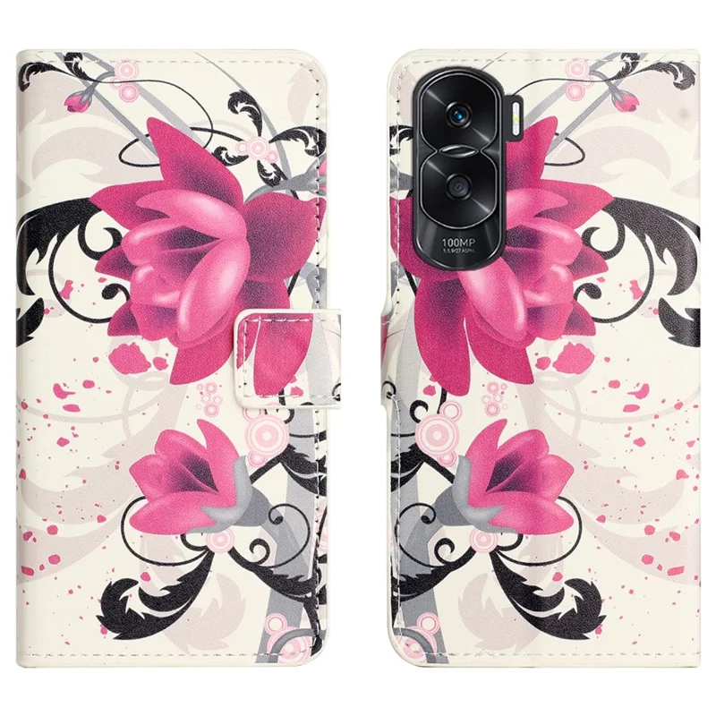 PU Leather Anti-Fall Case for Honor 90 Lite 5G / X50i 5G , Stand Wallet Pattern Printing Phone Cover - Lotus