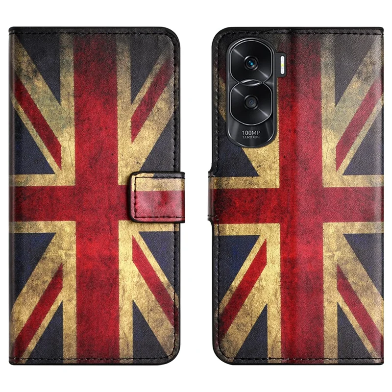 PU Leather Anti-Fall Case for Honor 90 Lite 5G / X50i 5G , Stand Wallet Pattern Printing Phone Cover - Union Jack