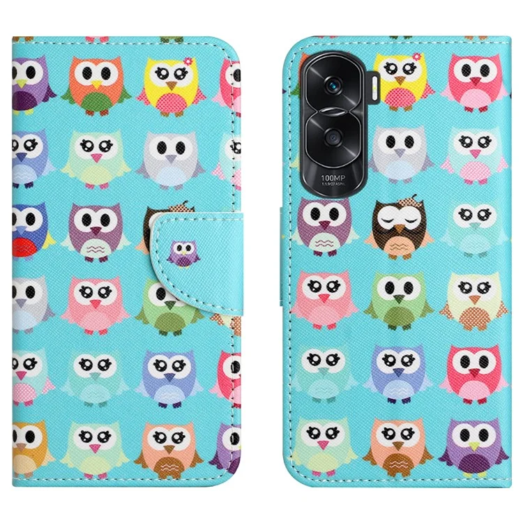 Wallet Phone Case for Honor 90 Lite 5G / X50i 5G , Pattern Printing PU Leather Cross Texture Stand Cover - Owls