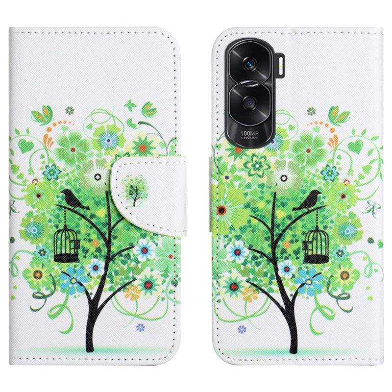 Wallet Phone Case for Honor 90 Lite 5G / X50i 5G , Pattern Printing PU Leather Cross Texture Stand Cover - Green Tree