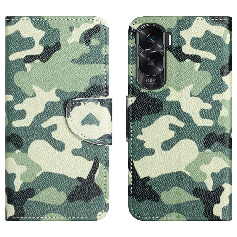 Wallet Phone Case for Honor 90 Lite 5G / X50i 5G , Pattern Printing PU Leather Cross Texture Stand Cover - Camouflage