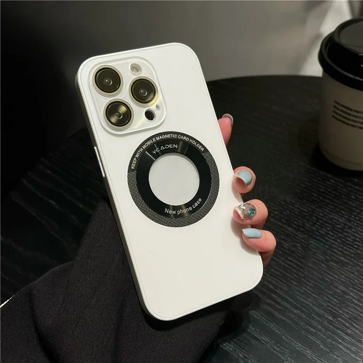 YCADEN For iPhone 14 Pro Max Logo View Magnetic Case PC+TPU Anti-Scratch Phone Cover with Lens Protector - White