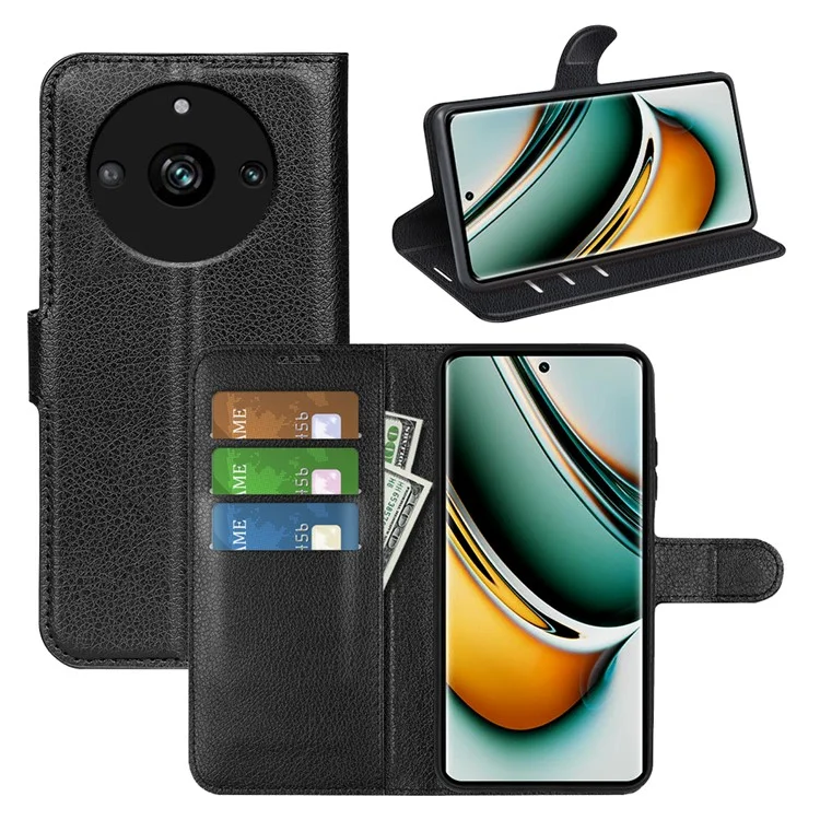 For Realme 11 Pro 5G / 11 Pro+ 5G Litchi Texture Phone Case Stand PU Leather Protective Wallet Cover - Black