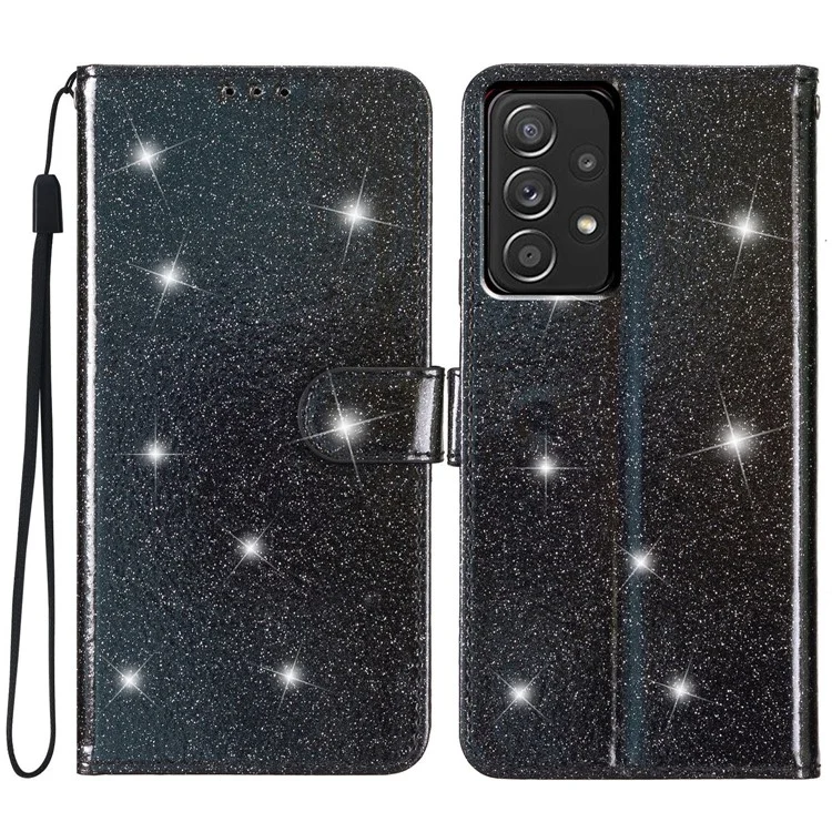 Para Samsung Galaxy A53 5G Glittery PU Leather Case Folio Flip Wallet Stand Phone Cover - Preto