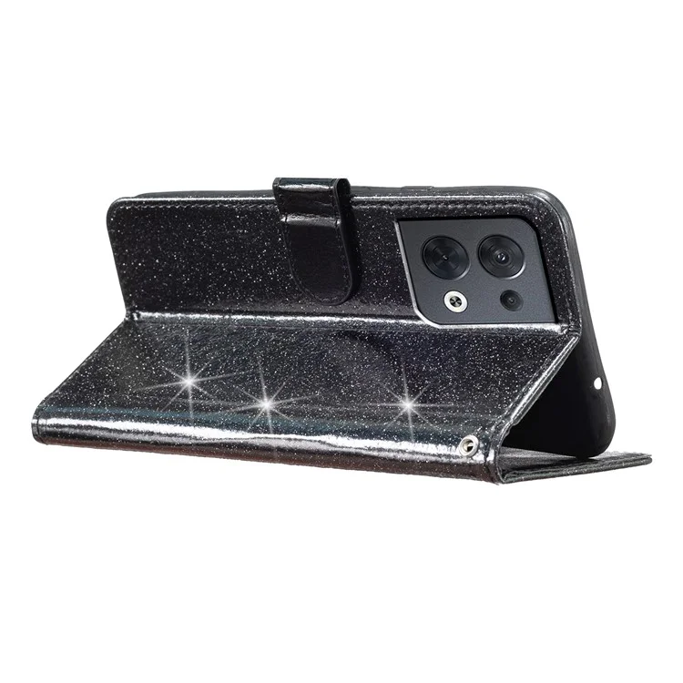 Per Oppo Reno8 5G (Versione Globale) Custodia in Pelle PU Glitterata Custodia per Telefono con Portafogli e Supporto - Nero