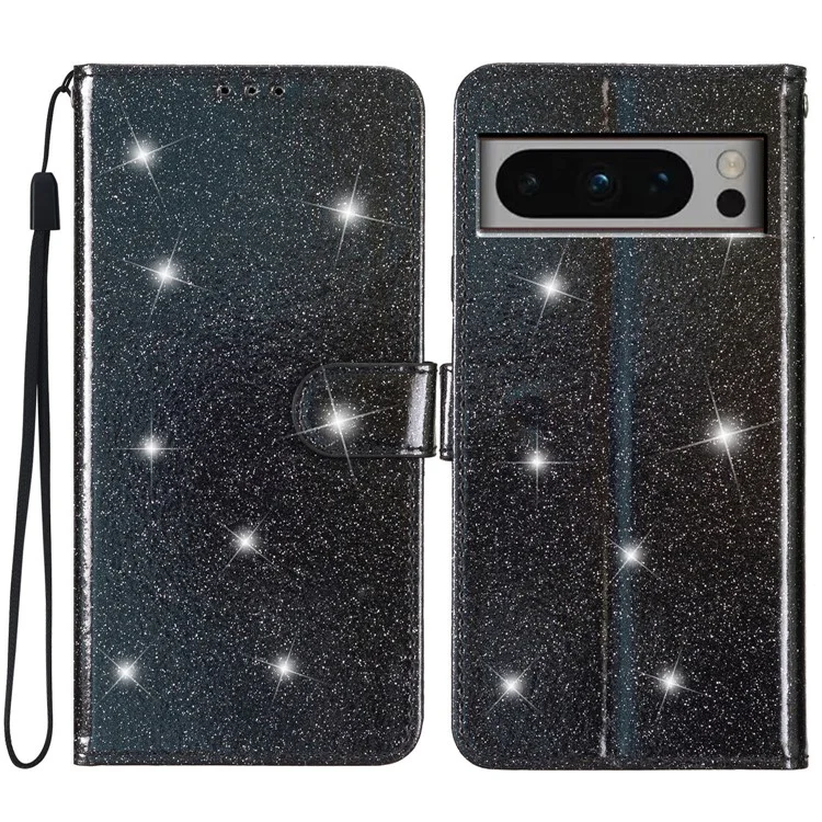 Per Google Pixel 8 Pro Glittery PU Leather Stand Phone Case Full Protection Phone Wallet Cover - Nero