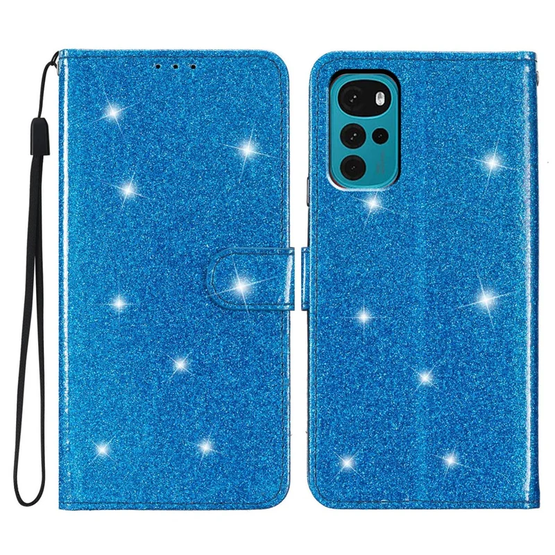 For Motorola Moto G22 Wallet Glittery Phone Cover Stand PU Leather Protective Phone Case - Blue