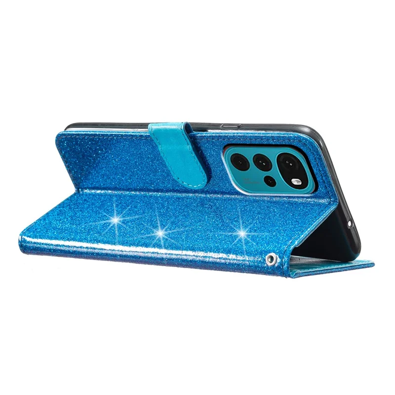 For Motorola Moto G22 Wallet Glittery Phone Cover Stand PU Leather Protective Phone Case - Blue