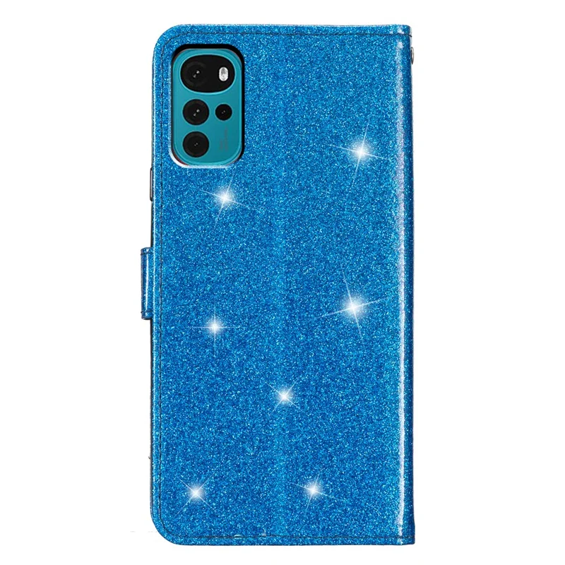 For Motorola Moto G22 Wallet Glittery Phone Cover Stand PU Leather Protective Phone Case - Blue