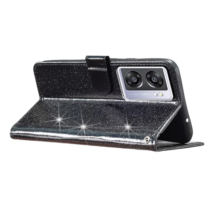 Para Oppo A57 (2022) 5G / A77 5G Capa de Telefone com Suporte de Carteira Brilhante em Couro PU + Capa de Telefone de TPU - Preto