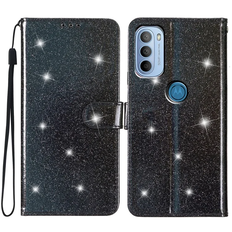 For Motorola Moto G31 4G / G41 4G Glittery PU Leather Wallet Phone Case Stand Drop-proof Cover - Black