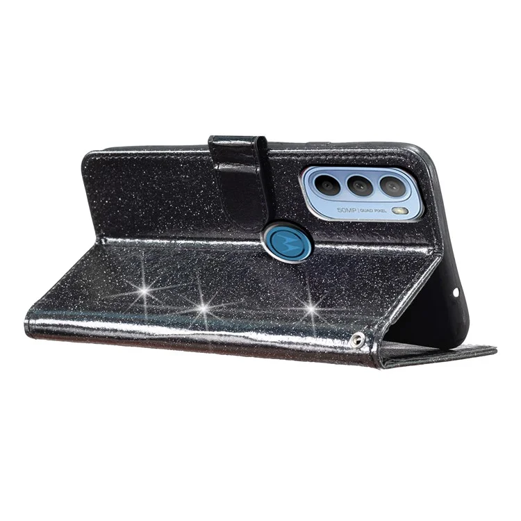 For Motorola Moto G31 4G / G41 4G Glittery PU Leather Wallet Phone Case Stand Drop-proof Cover - Black