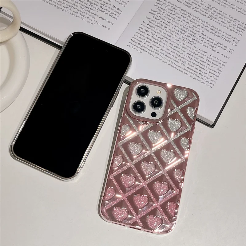 For iPhone 14 Pro Max Electroplating Rhombus Heart Phone Case TPU Cell Phone Cover - Pink