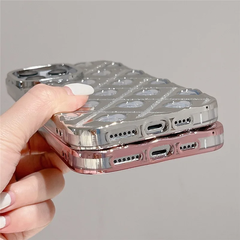 For iPhone 14 Pro Max Electroplating Rhombus Heart Phone Case TPU Cell Phone Cover - Pink