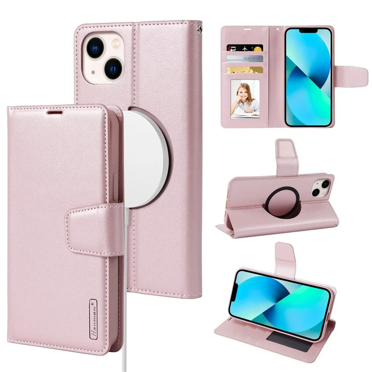 HANMAN Mini Series Magnetic Case for iPhone 14 , Wallet PU Leather Stand Cover Compatible with MagSafe - Rose Gold