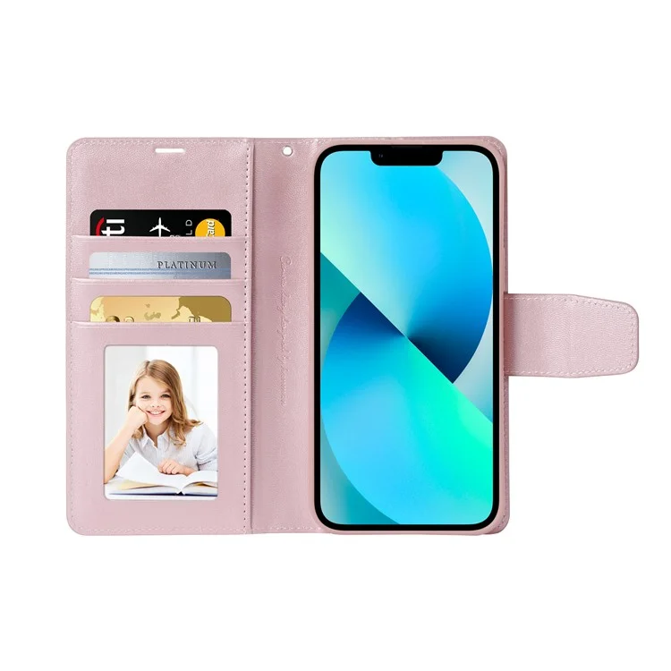 HANMAN Mini Series Magnetic Case for iPhone 14 , Wallet PU Leather Stand Cover Compatible with MagSafe - Rose Gold