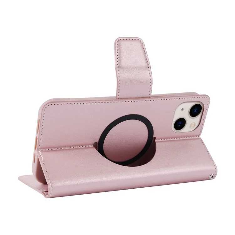HANMAN Mini Series Magnetic Case for iPhone 14 , Wallet PU Leather Stand Cover Compatible with MagSafe - Rose Gold