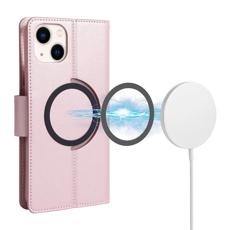 HANMAN Mini Series Magnetic Case for iPhone 14 , Wallet PU Leather Stand Cover Compatible with MagSafe - Rose Gold