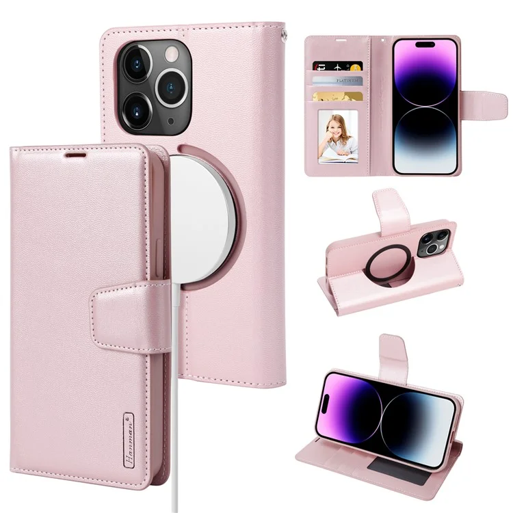 HANMAN Mini Series For iPhone 14 Pro Max Phone Case Compatible with MagSafe PU Leather Wallet Stand Cover - Rose Gold