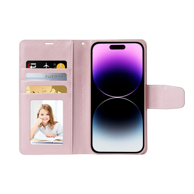 HANMAN Mini Series For iPhone 14 Pro Max Phone Case Compatible with MagSafe PU Leather Wallet Stand Cover - Rose Gold