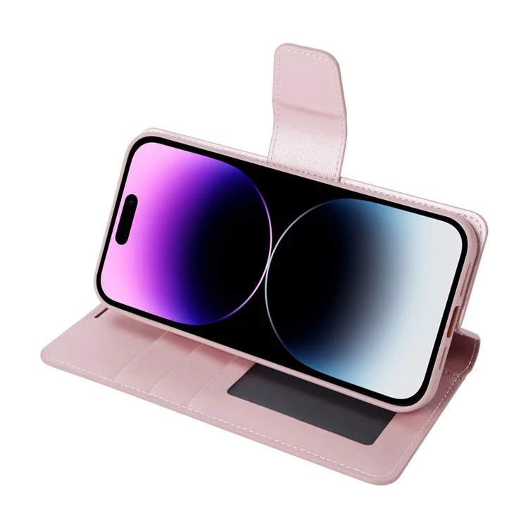 HANMAN Mini Series For iPhone 14 Pro Max Phone Case Compatible with MagSafe PU Leather Wallet Stand Cover - Rose Gold