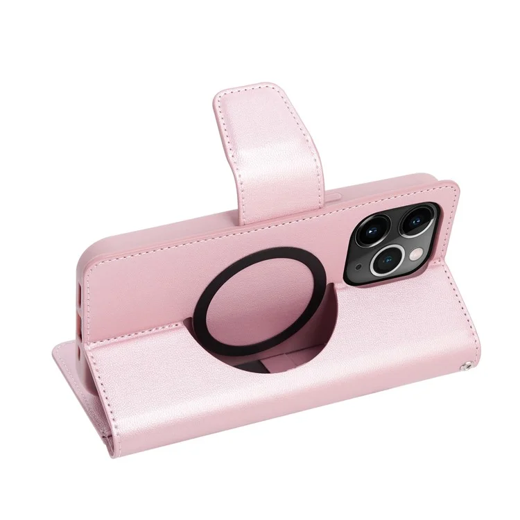 HANMAN Mini Series For iPhone 14 Pro Max Phone Case Compatible with MagSafe PU Leather Wallet Stand Cover - Rose Gold