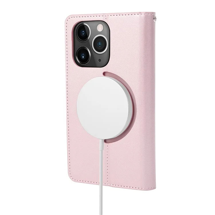 HANMAN Mini Series For iPhone 14 Pro Max Phone Case Compatible with MagSafe PU Leather Wallet Stand Cover - Rose Gold